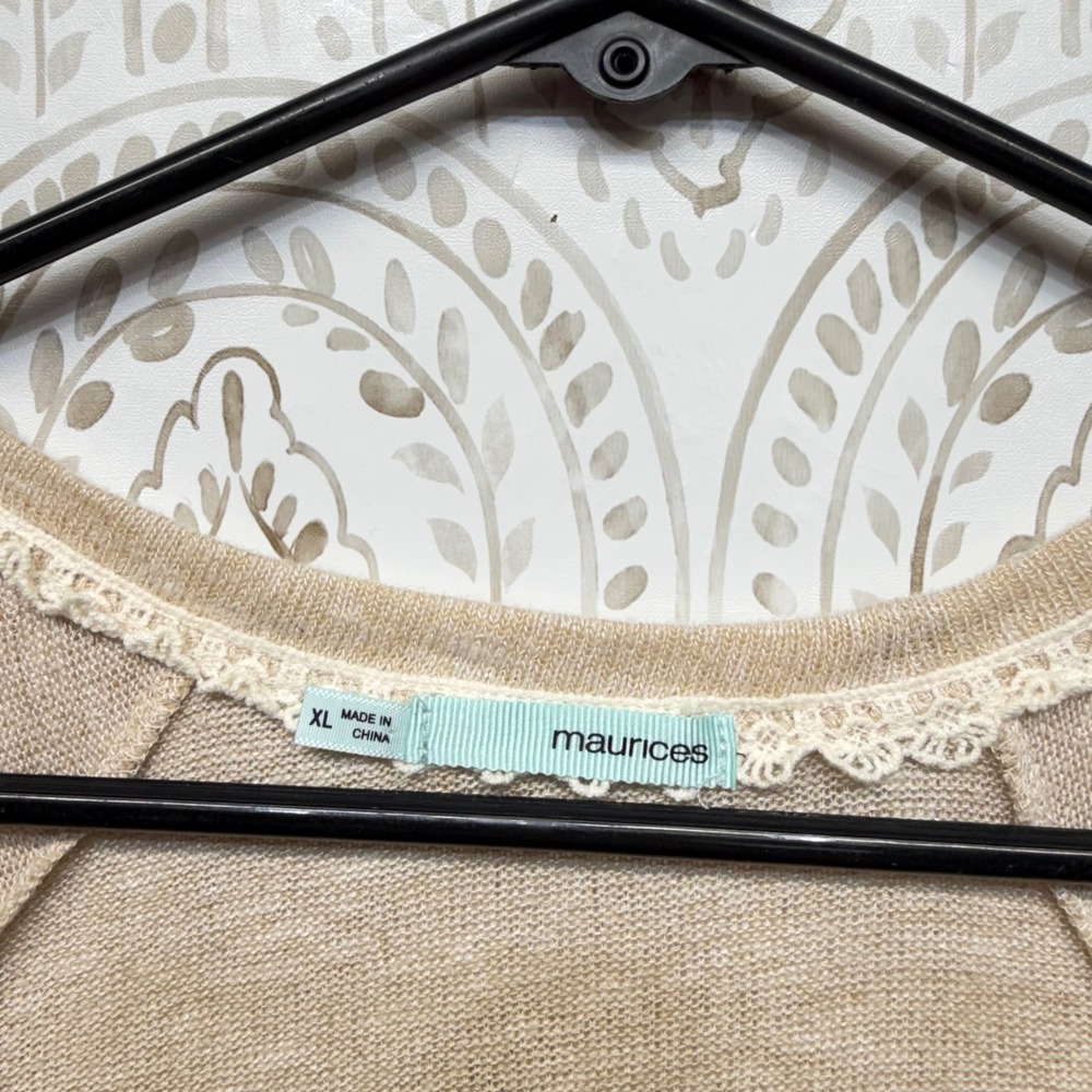 Maurices Crochet Lace Trim Top Womens XL Tan Marled Knit Long Sleeve Boho - Picture 4 of 6